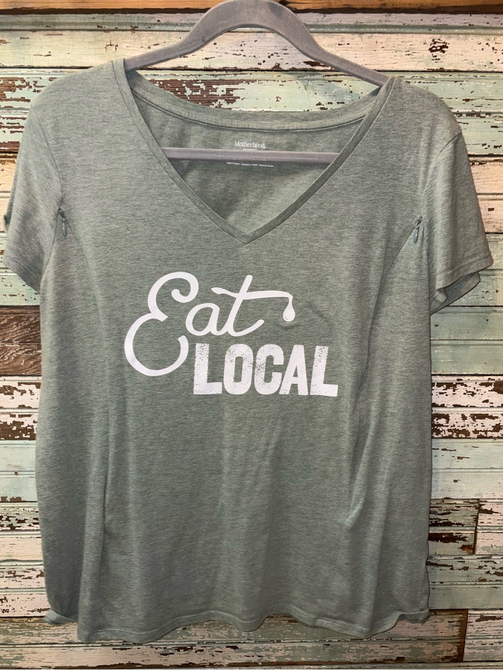 Motherhood Maternity Nursing Large Sage Green "Eat Local" Easy Access V‑Neck Tee